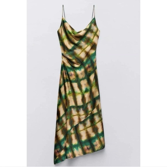 Zara Satin Effect Asymmetrical Satin Dress Size Medium Cowl Neck Multicolor - Picture 4 of 9